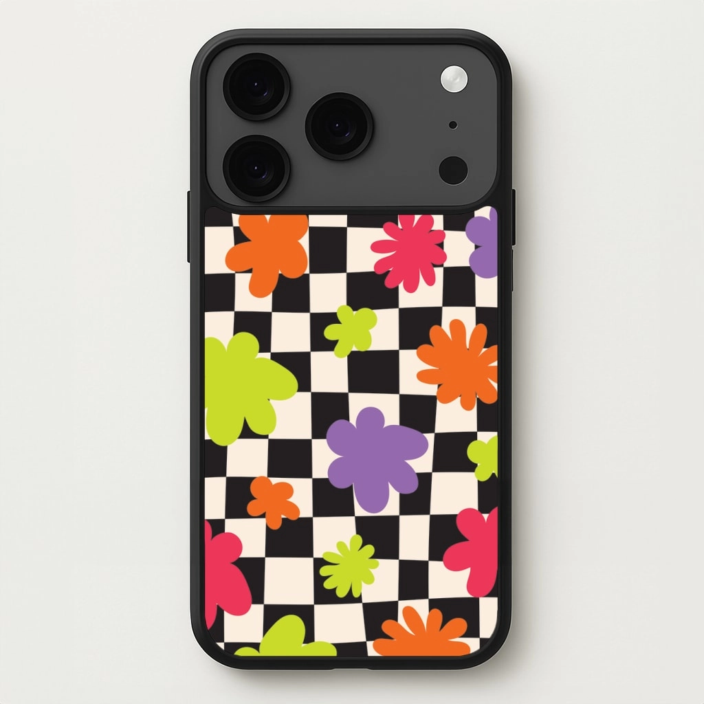 Abstract Flowers Checkered Pattern Phone Case Shock Guard Flexible frame