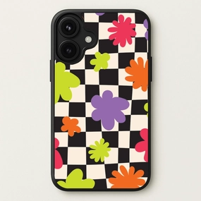 Hybrid Build Tactile Buttons Abstract Flowers Checkered Pattern Phone Case