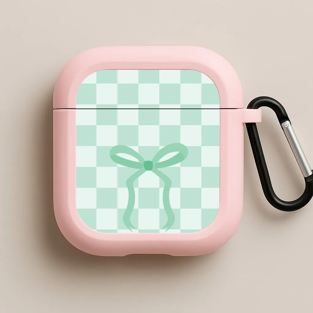 Checkered Coquette Bow Cyan AirPods Case dust resistant case custom engraved airpods protector