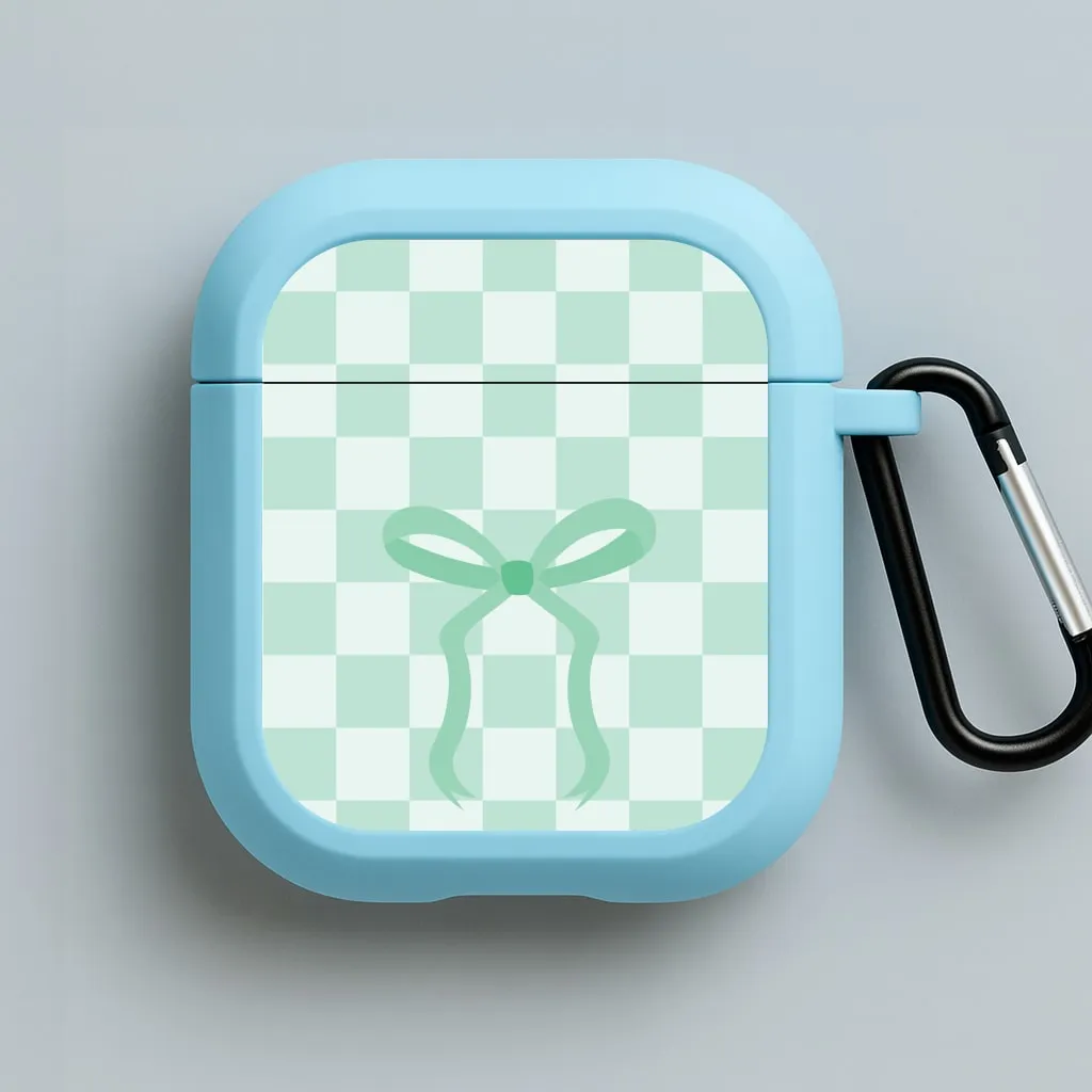 Checkered Coquette Bow Cyan AirPods Case Stylish Silicone Finish wireless anti dust guard
