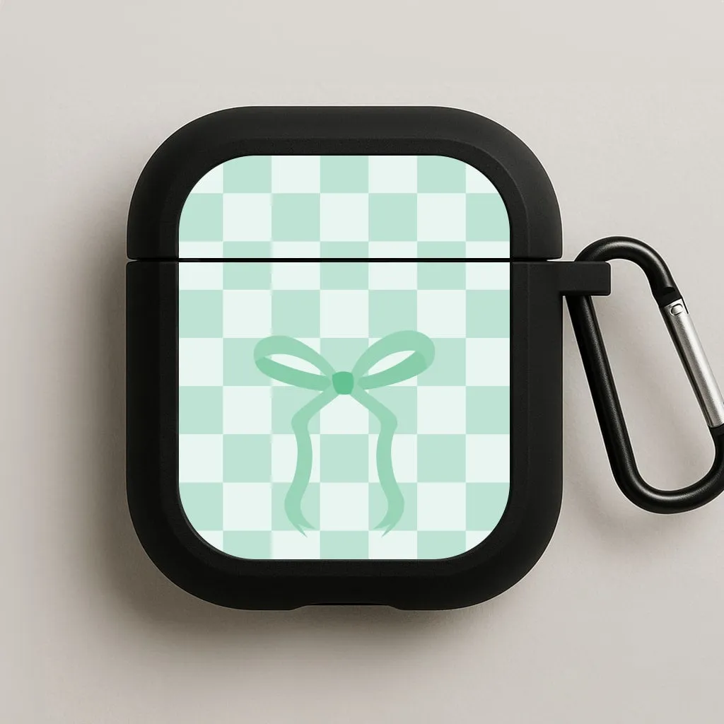 Checkered Coquette Bow Cyan AirPods Case fashion hybrid cover