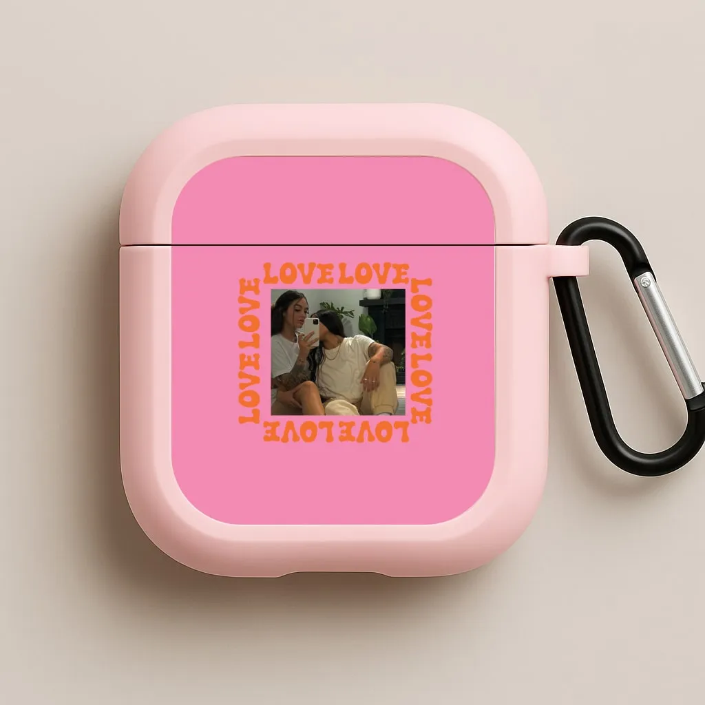 Functional Carry Strap Durable Rubber Case Love, Love, Love - Personalised Couples AirPods Case