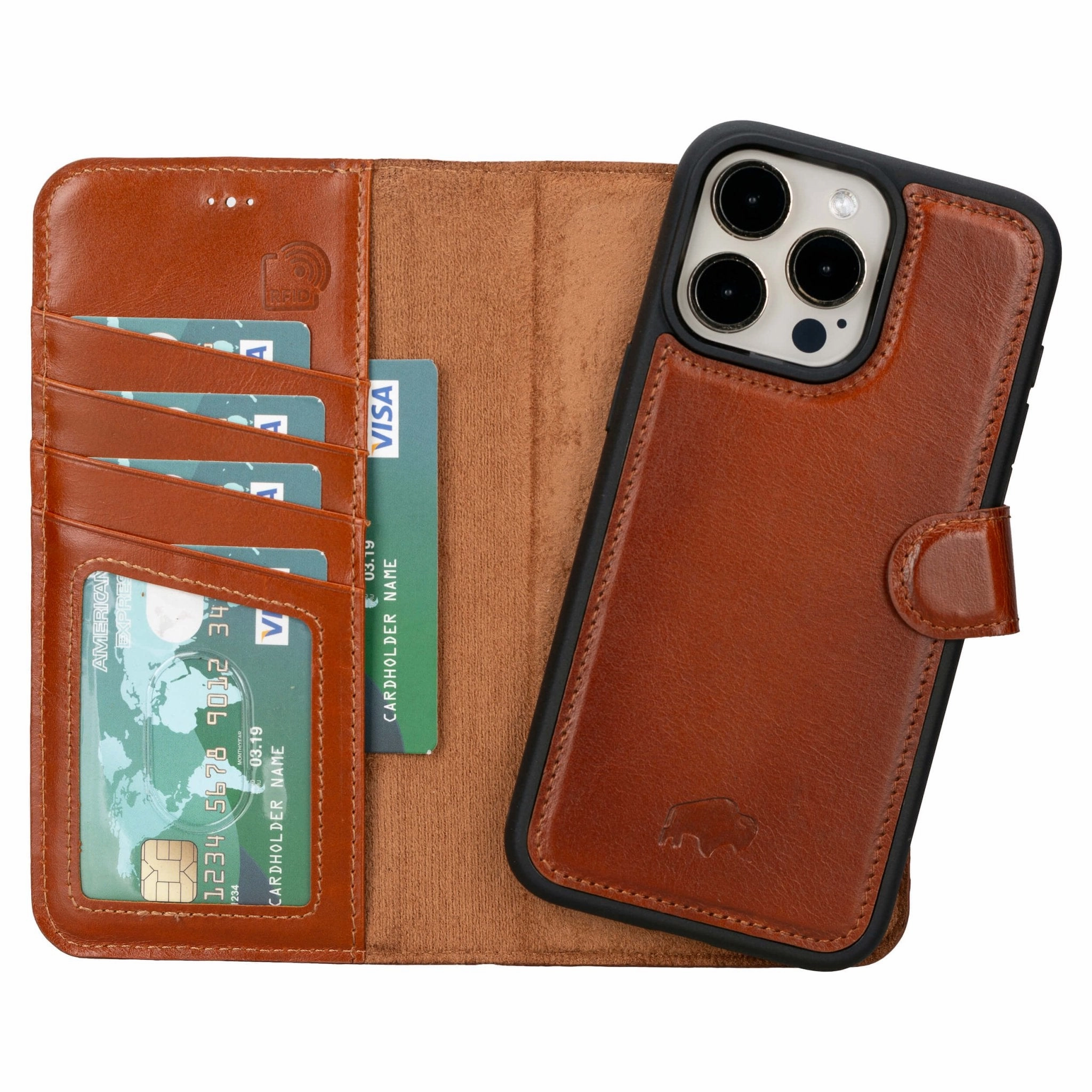 Protective Corner Clear Texture Carter Detachable Leather Wallet Case ?C iPhone 15 Pro Max, Burnished Tan