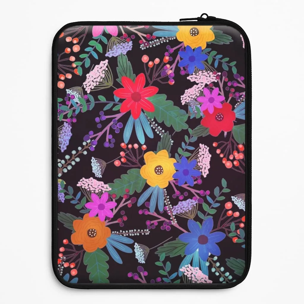 Black & Colourful Floral Pattern Laptop Sleeve Polished Detail Edge