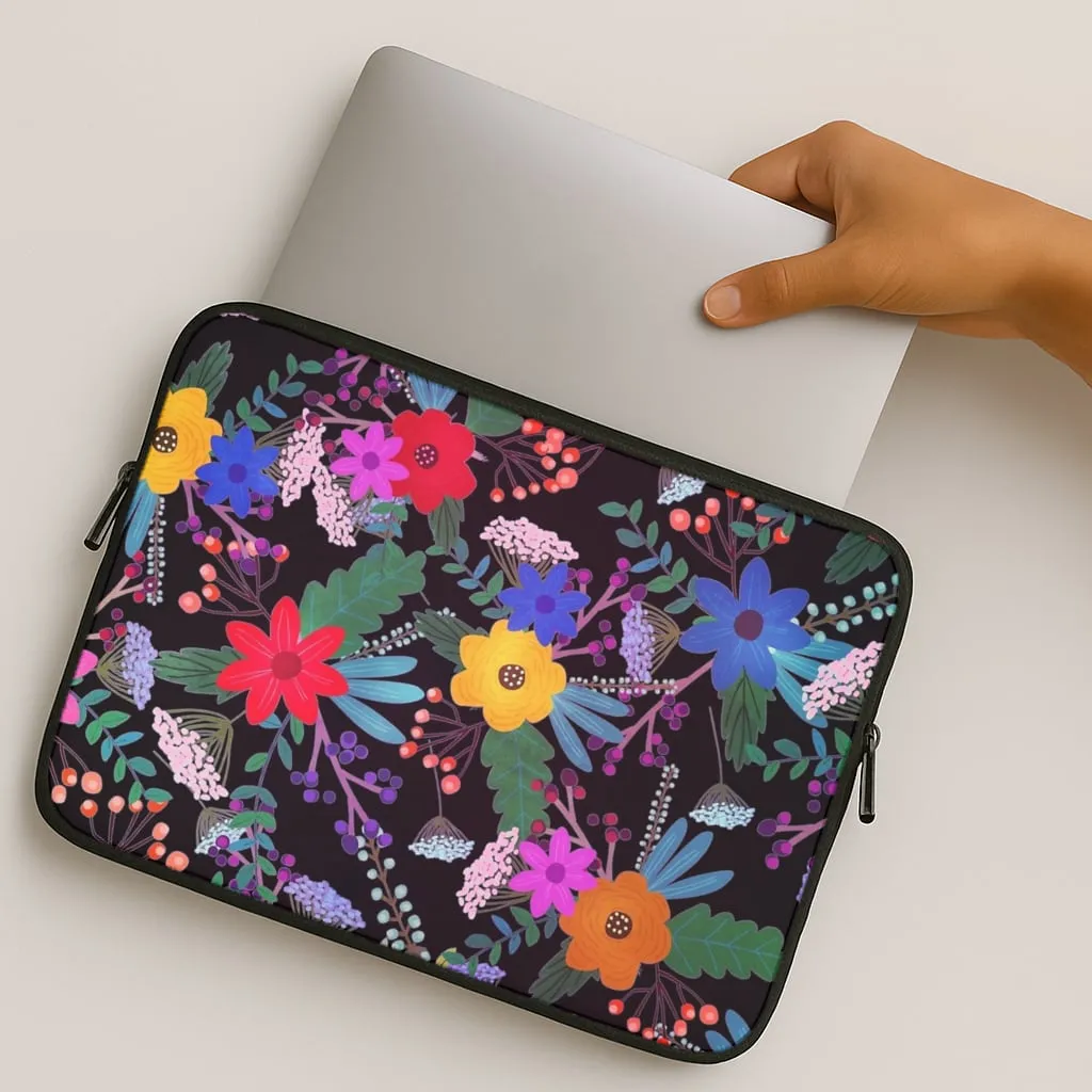 Premium Surface Finish Flexible Detail Black & Colourful Floral Pattern Laptop Sleeve