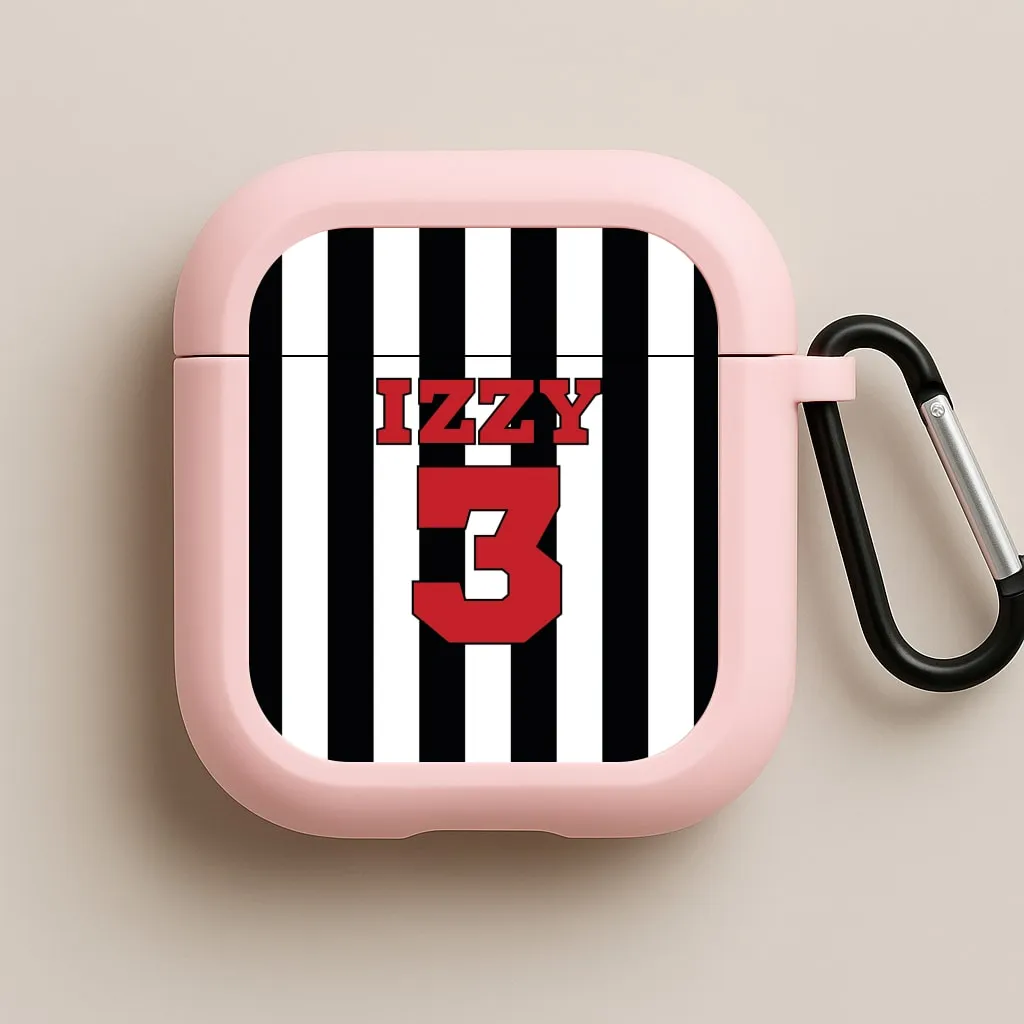 Fashion Silicone Holder Black And White Stripes - Personalised Football   AirPods Case