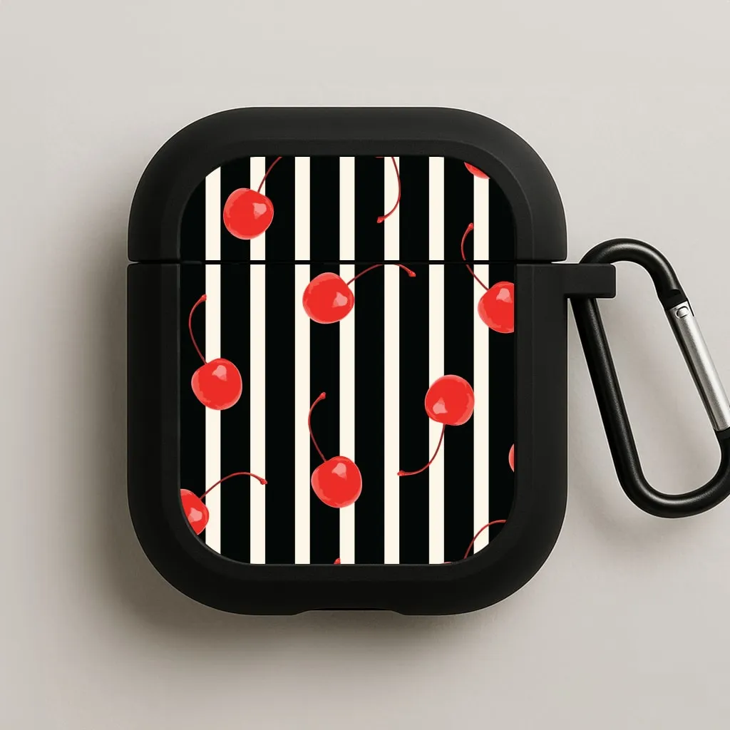 Black And White Stripes With Cherries AirPods Case Modern Compact Shell wireless earbuds carrying box