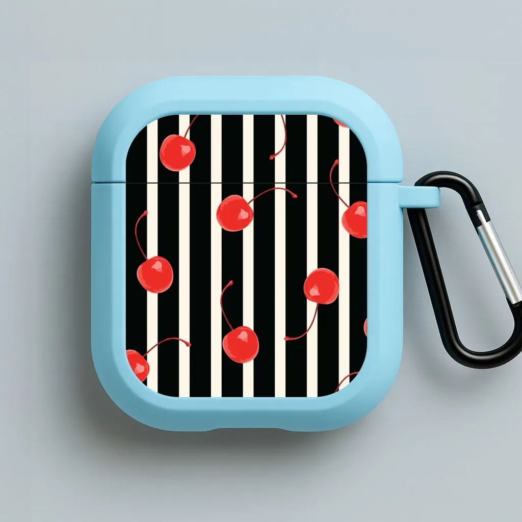 Black And White Stripes With Cherries AirPods Case Soft Silicone Holder