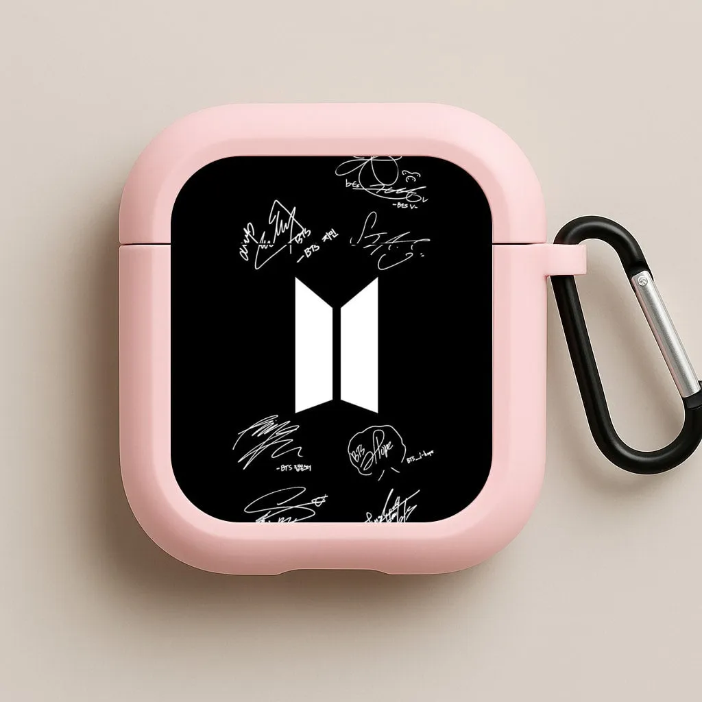 Black K-Pop Band Logo and Signatures AirPods Case Minimal Protective Sleeve everyday travel earbuds case