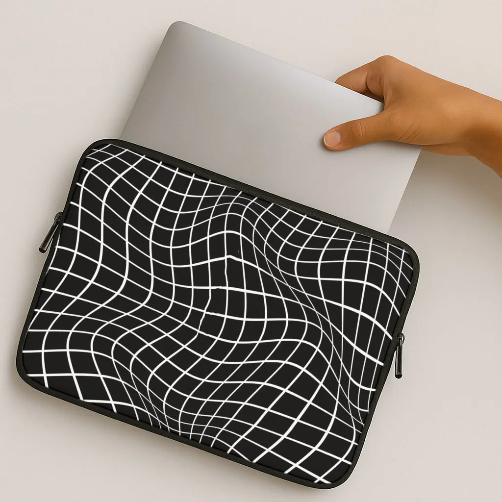 Black Wavy Grid Pattern Laptop Sleeve Sleek Edge Outdoor Adventure