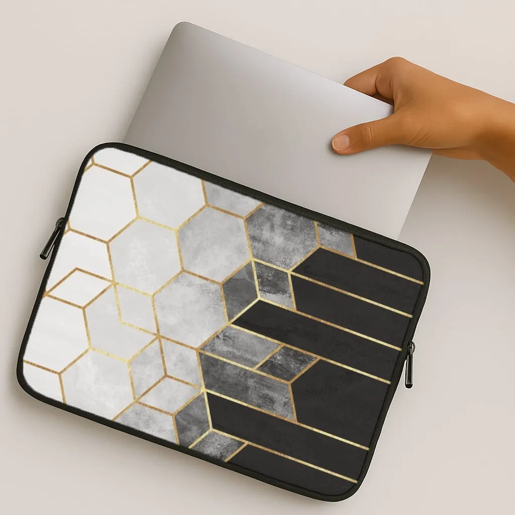 Scratch Guard Slim Fitment Black White & Gold Honeycomb Pattern Laptop Sleeve