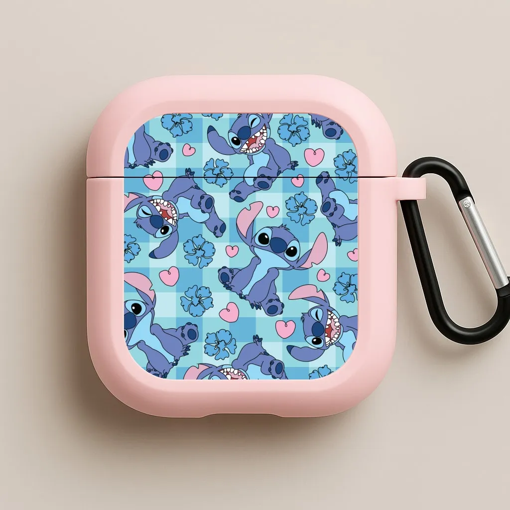 custom limited edition case durable high strength protector Blue Alien And Hearts Pattern AirPods Case