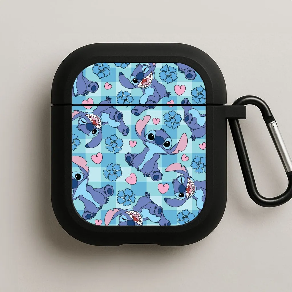 Trendy Handy Holder Blue Alien And Hearts Pattern AirPods Case