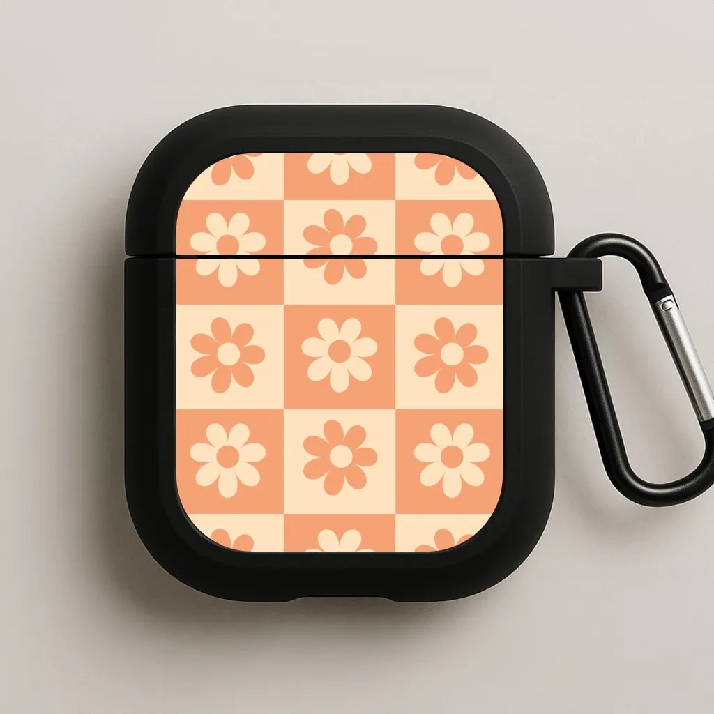 Checkered Flowers Orange AirPods Case premium textured airpods case