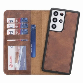 Carter Detachable Leather Wallet Case Galaxy S21 Ultra, Saddle Brown Minimal Edge Design Fashion Forward