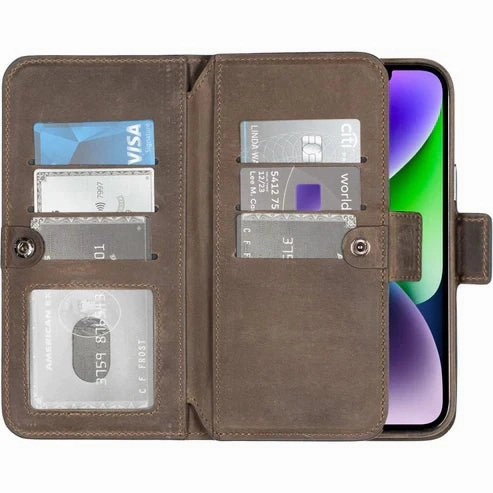 Rugged Pattern Texture Smooth Edges Windsor iPhone 14 Plus Bi-Fold Wallet Case, Distressed Coffee