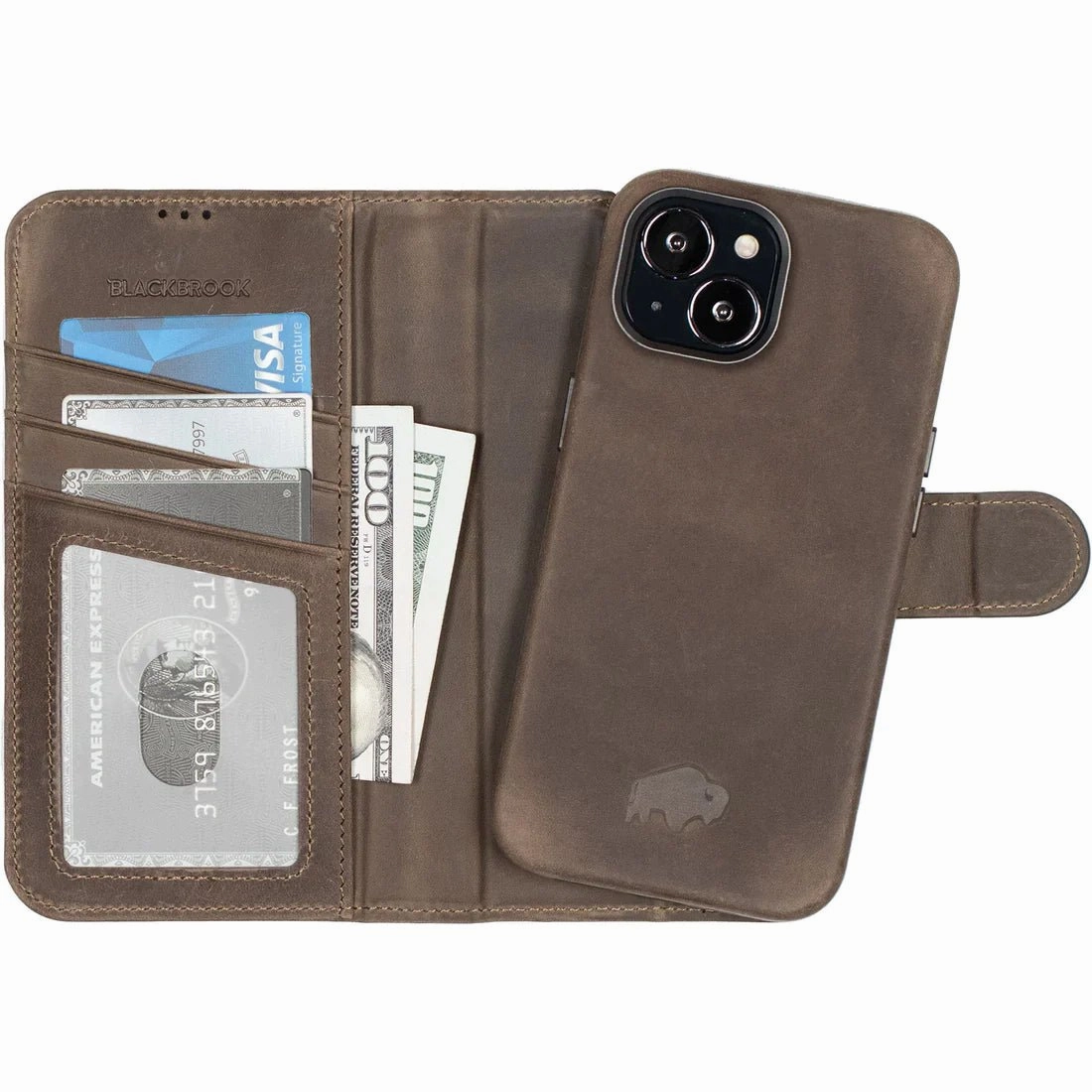 Customizable Option Carson Detachable Leather Wallet Case ?C iPhone 14 Plus, Distressed Coffee