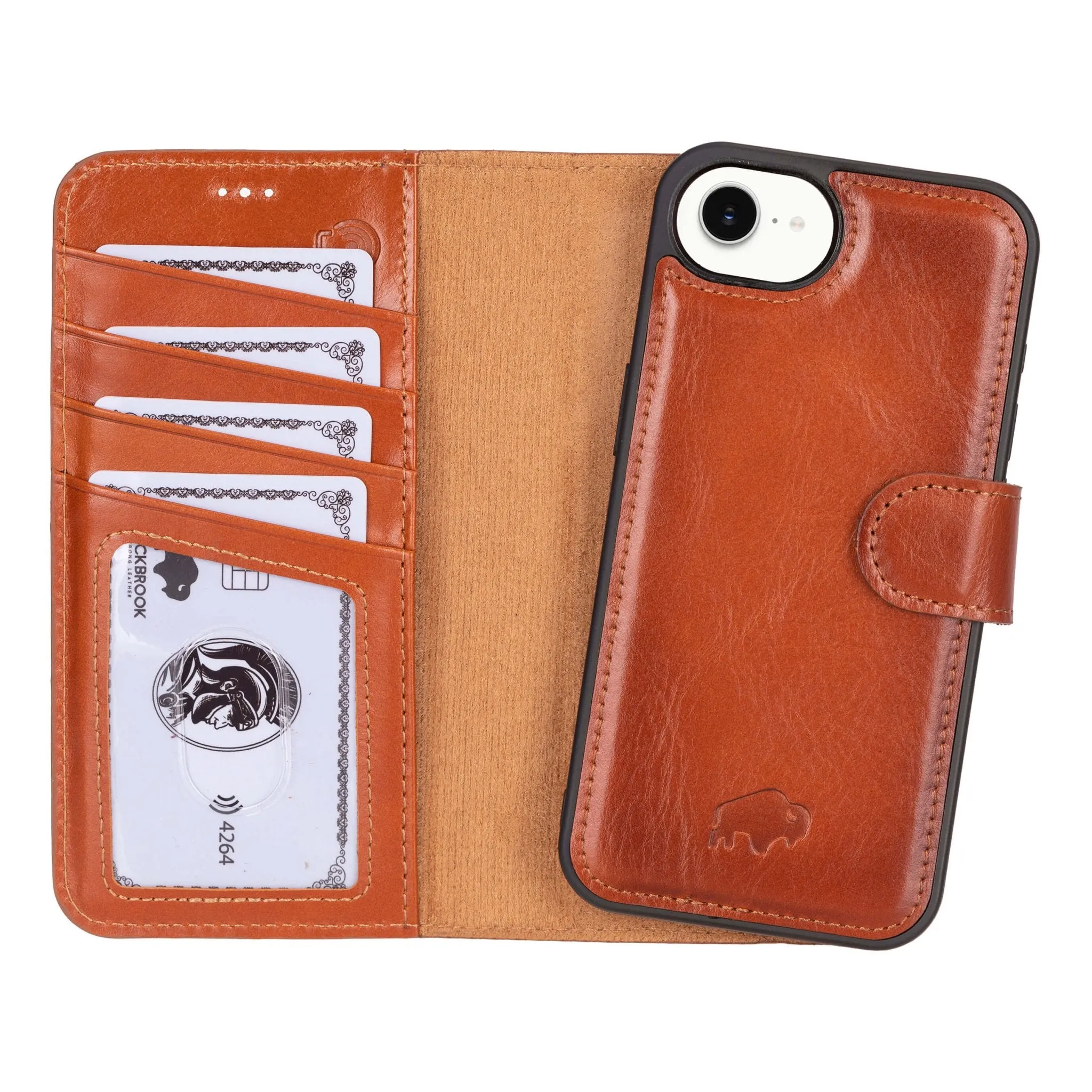 Durable Design Texture Sleek Texture Carter Detachable Leather Wallet Case ?C iPhone 16e, Burnished Tan