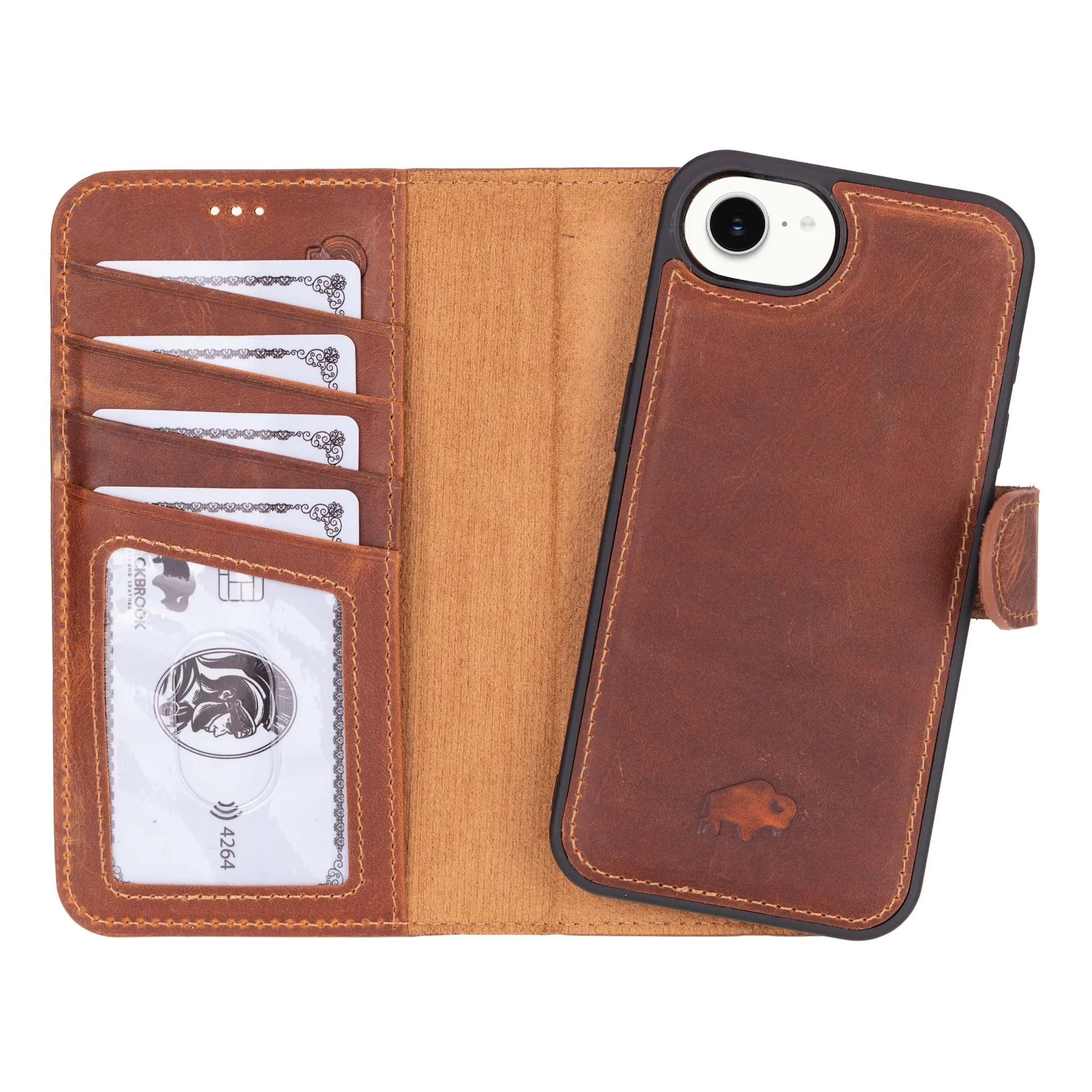 Protective Structure Carter Detachable Leather Wallet Case ?C iPhone 16e, Golden Brown