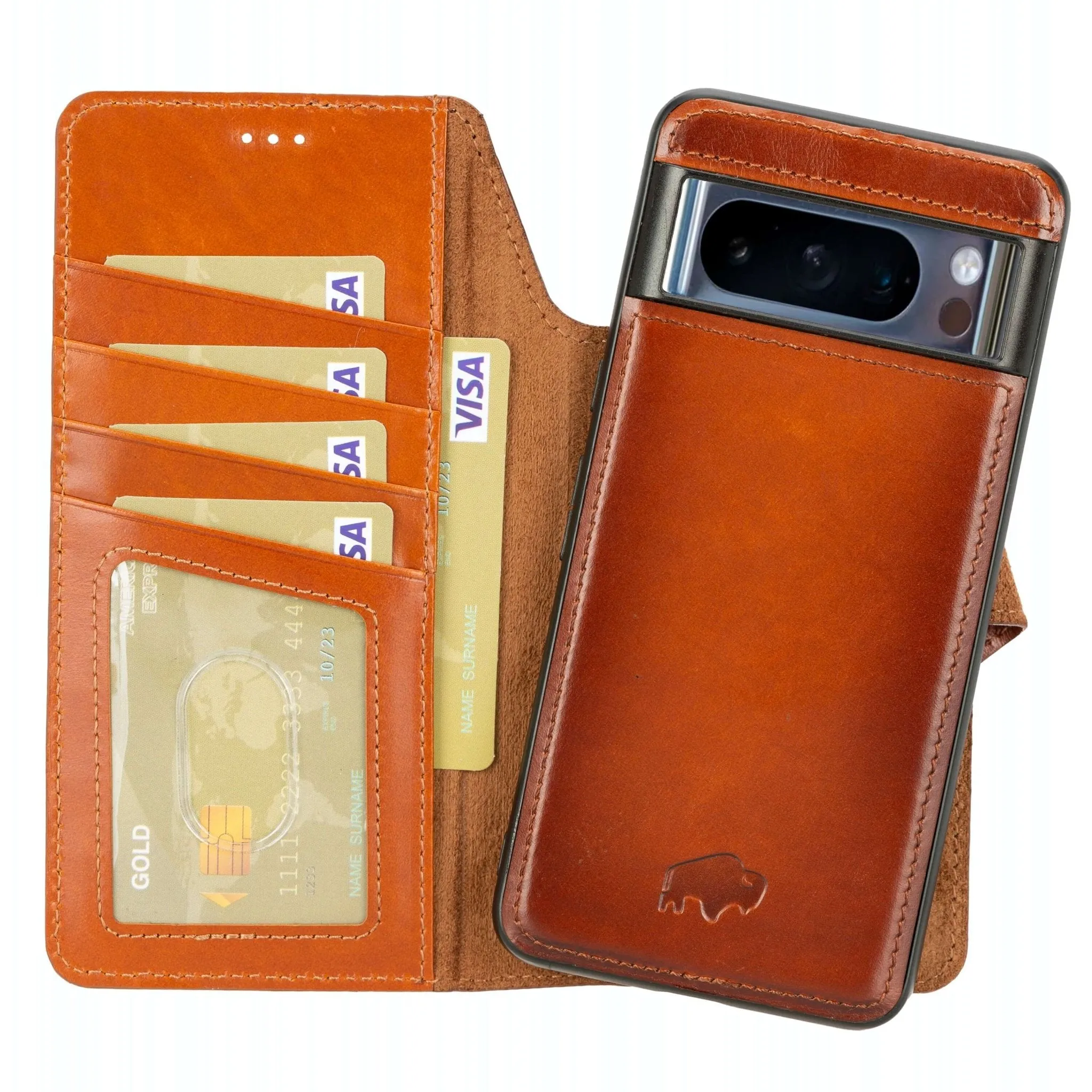 Carter Detachable Leather Wallet Case ?C Pixel 8 Pro, Burnished Tan Compact Protection simple design
