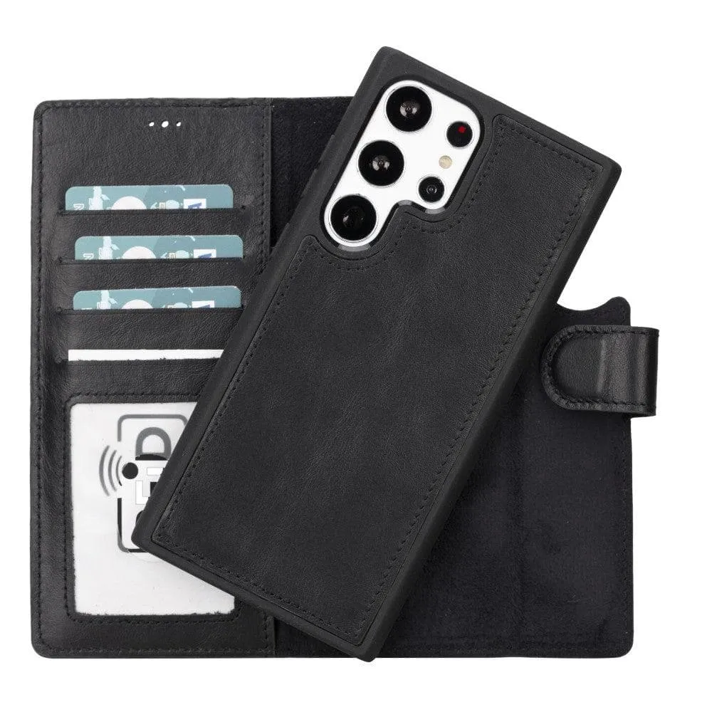 Carter Detachable Leather Wallet Case Galaxy S23 Ultra, Rustic Black Casual Wear Shock Surface Layer