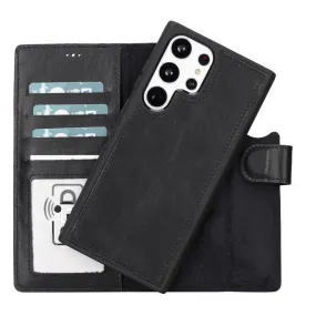 Carter Detachable Leather Wallet Case Galaxy S23 Ultra, Rustic Black Casual Wear Shock Surface Layer