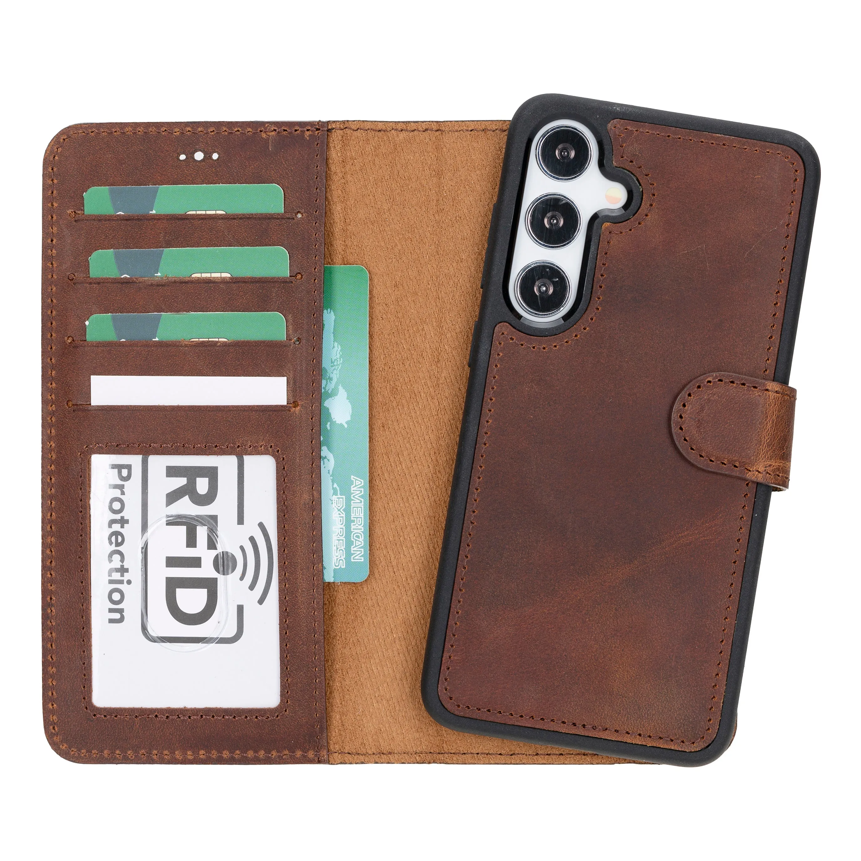 Edge Shield Carter Detachable Leather Wallet Case Galaxy S24, Saddle Brown