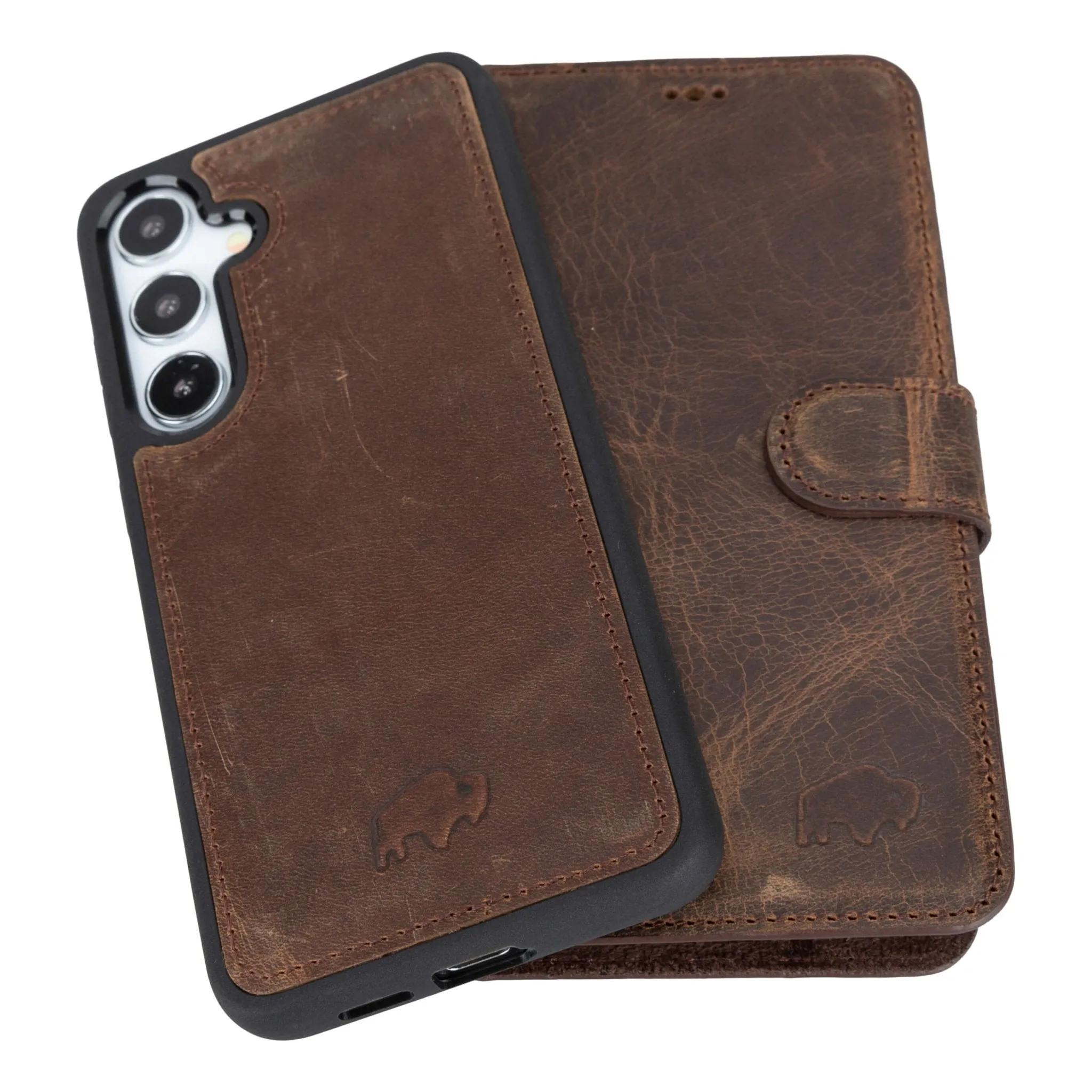 Carter Detachable Leather Wallet Case Galaxy S25 Plus, Distressed Coffee Minimal Cover Slim Look
