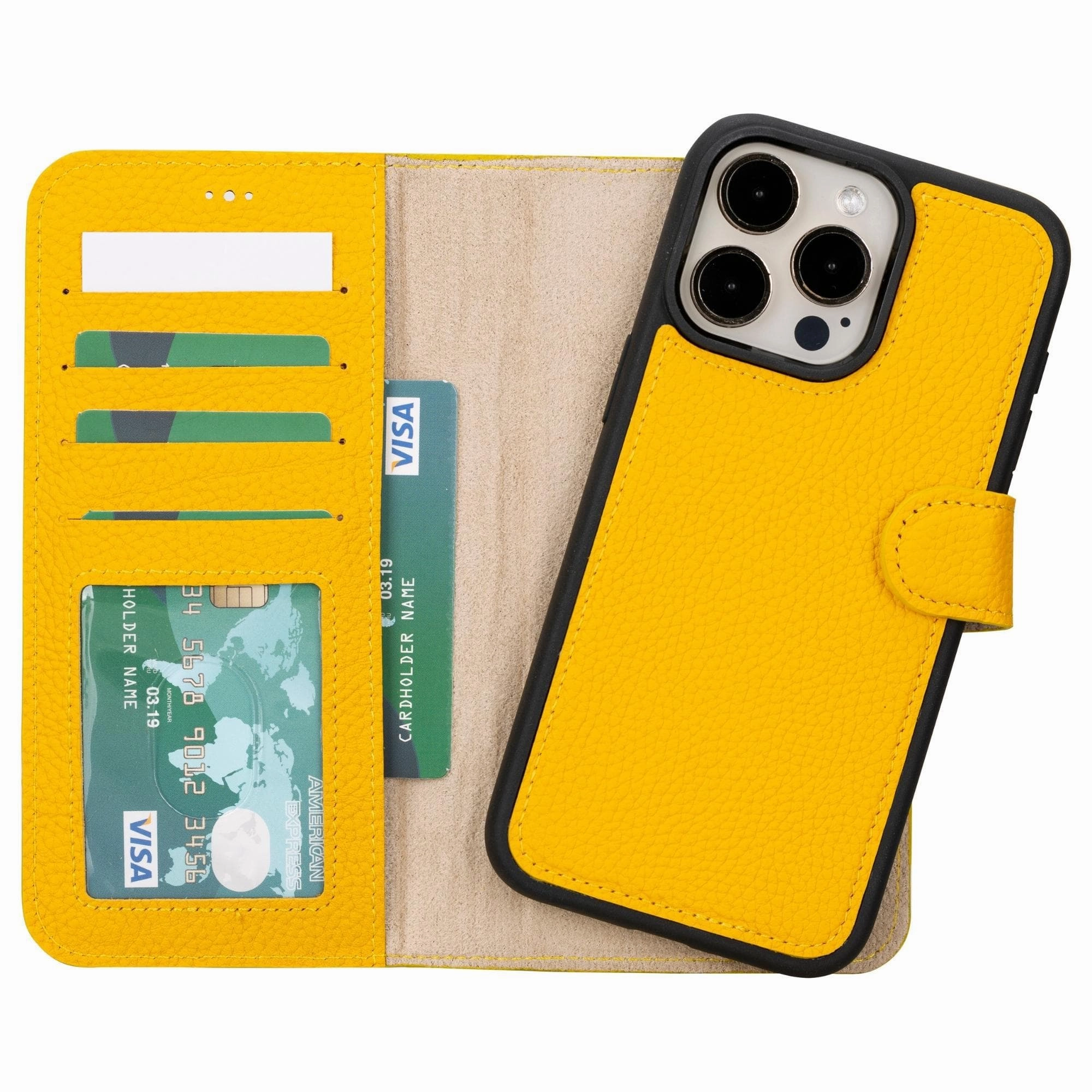 Carter Detachable Leather Wallet Case ?C iPhone 15, Floater Yellow Fashion Forward Everyday Accessory