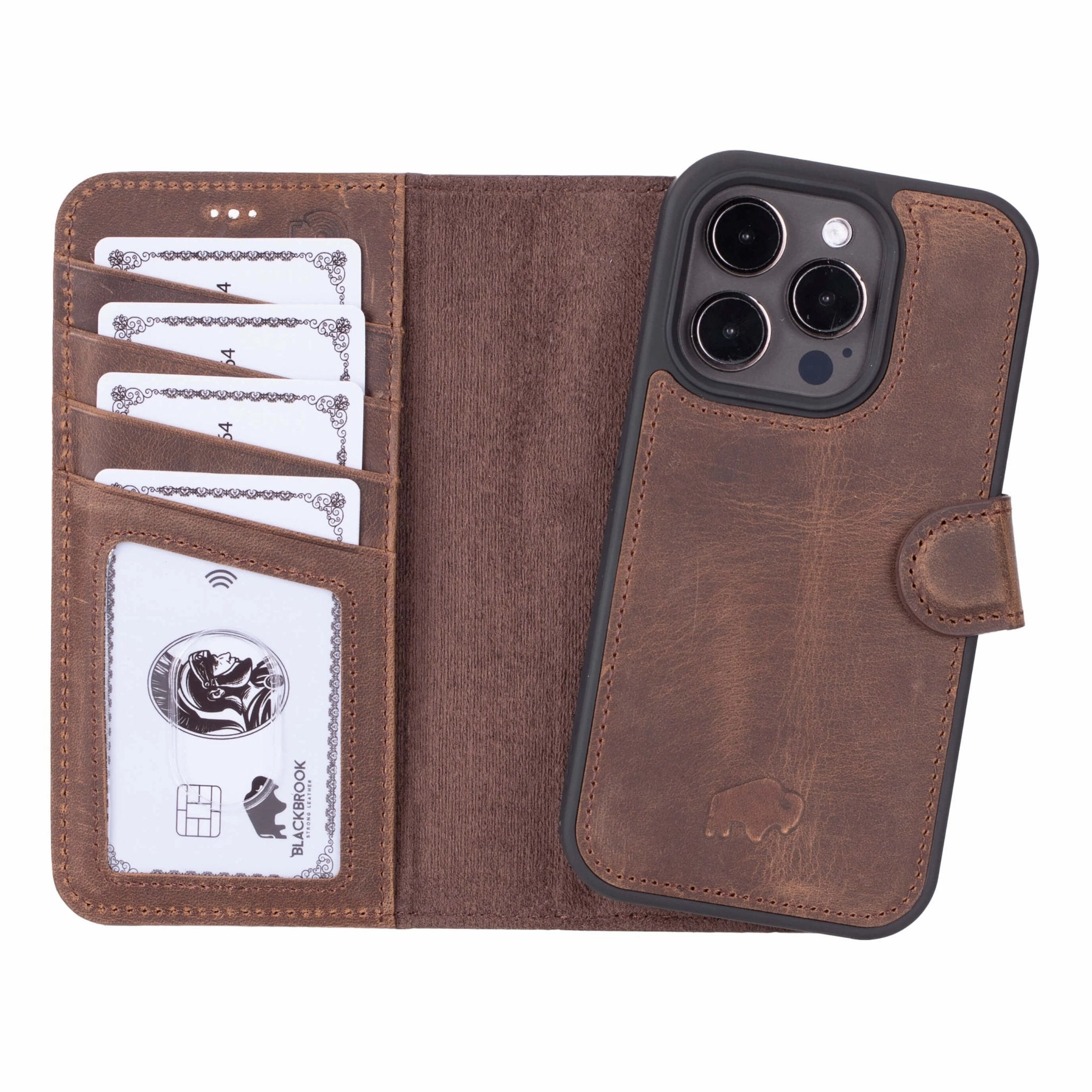 Clear Frame Strong protection Carter Detachable Leather Wallet Case ?C iPhone 15 Pro, Distressed Coffee
