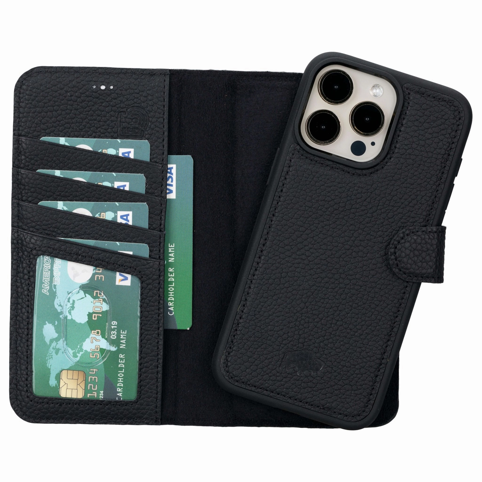 Clear Texture Carter Detachable Leather Wallet Case ?C iPhone 15 Pro Max, Pebble Black
