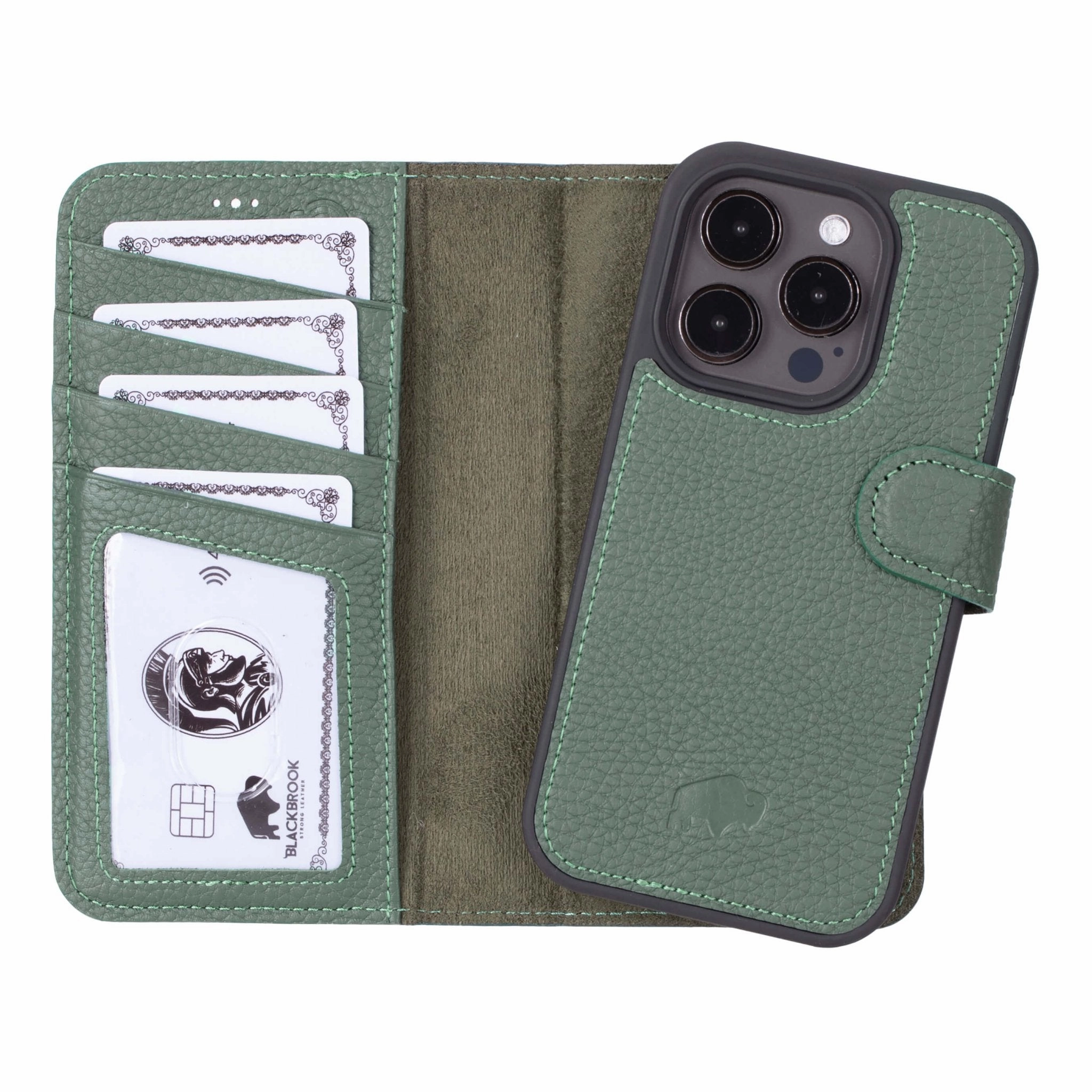 Premium Material Carter Detachable Leather Wallet Case ?C iPhone 15 Pro, Pebble Green
