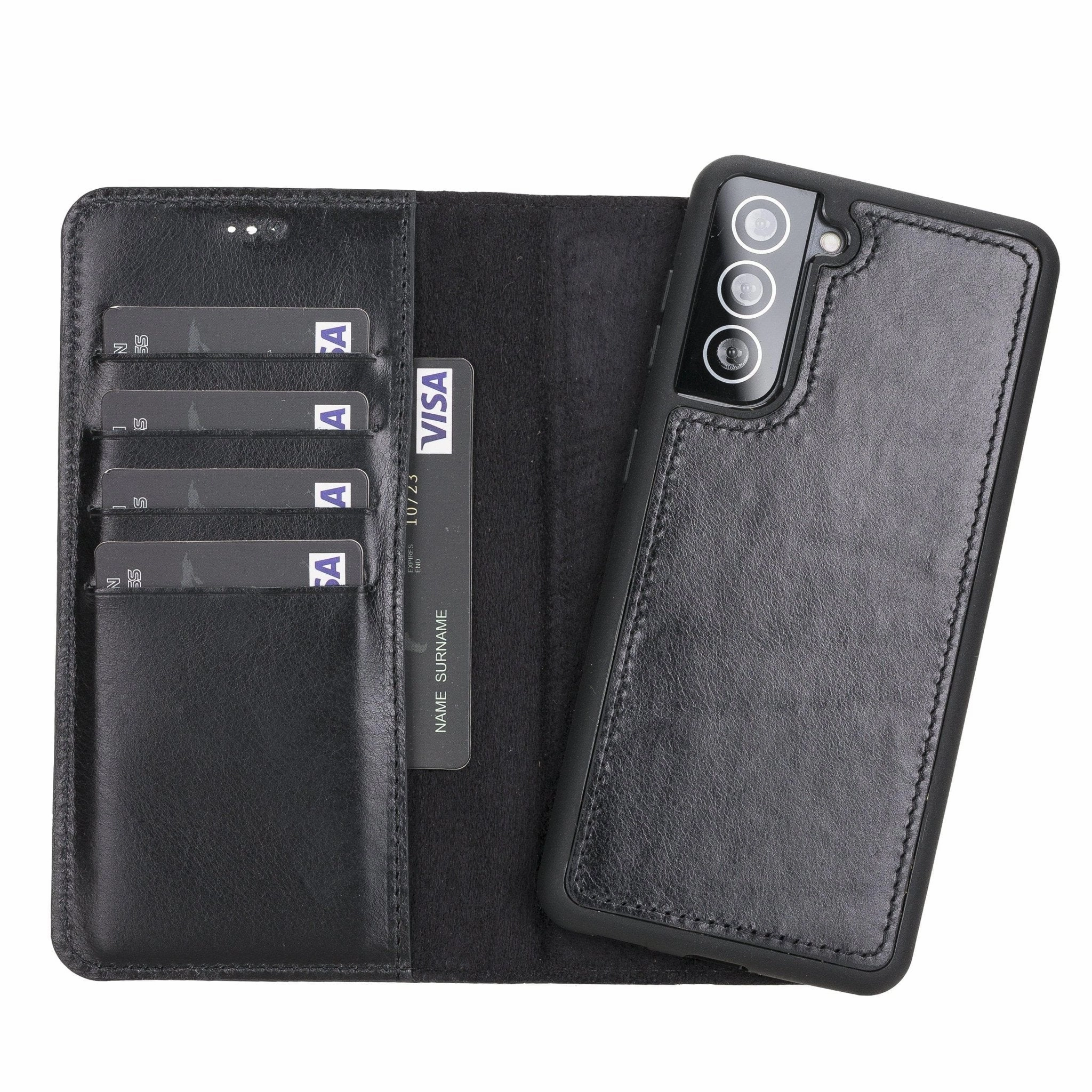 Carter Detachable Leather Wallet Case Galaxy S21 FE, Rustic Black 3D Effect Minimal Aesthetic