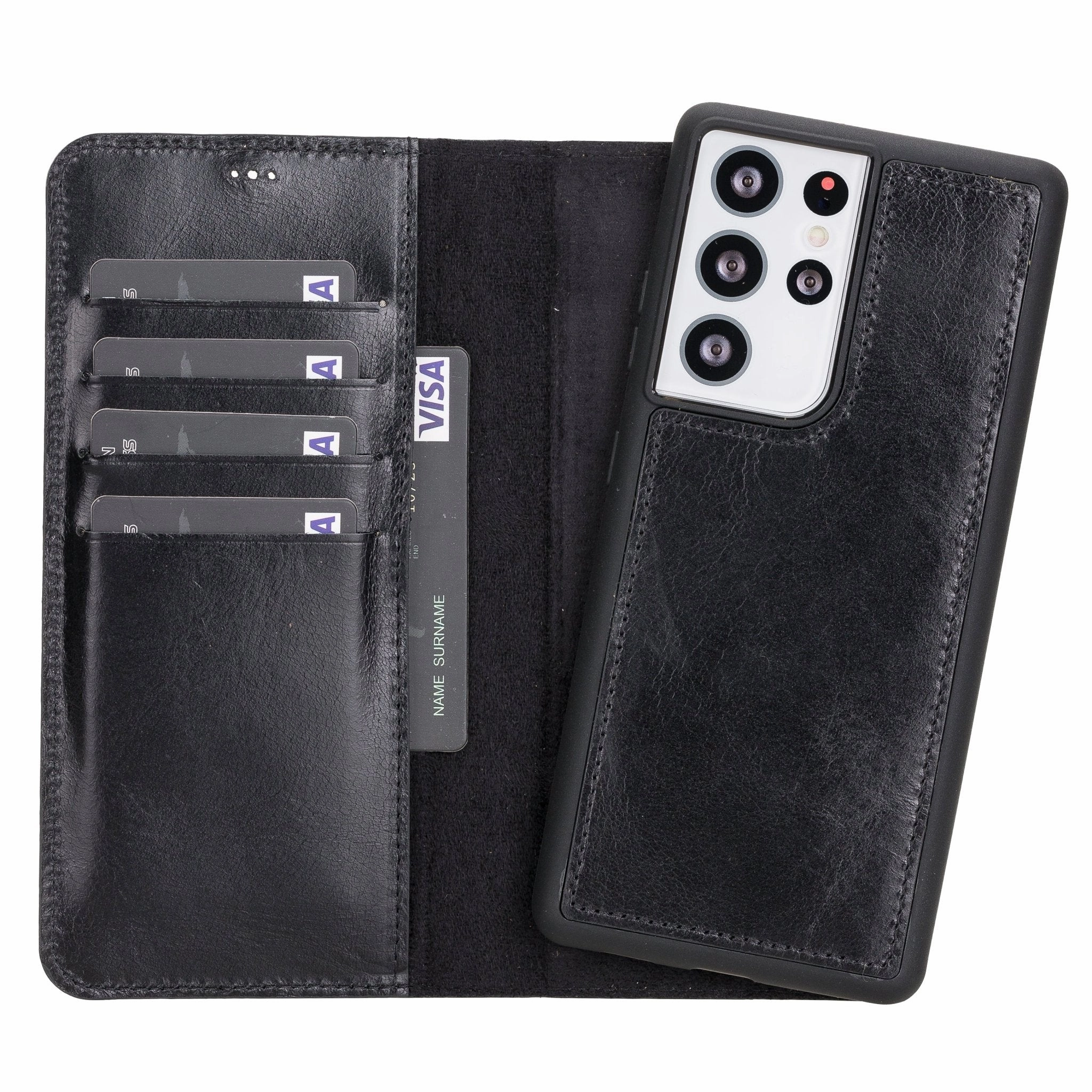 Carter Detachable Leather Wallet Case Galaxy S21 Ultra, Rustic Black Shockproof Frame Smooth Design