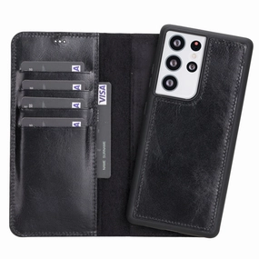 Carter Detachable Leather Wallet Case Galaxy S21 Ultra, Rustic Black Shockproof Frame Smooth Design