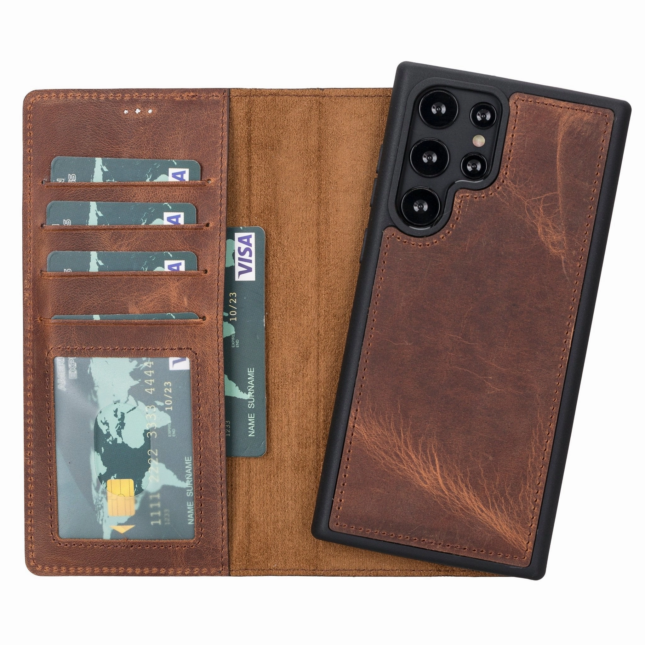 Carter Detachable Leather Wallet Case Galaxy S22 Ultra, Saddle Brown Matte Shield