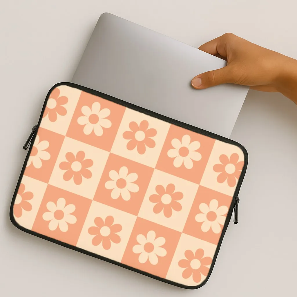 Luxury Surface Layer Matte Look Design Checkered Flowers Orange Laptop Sleeve
