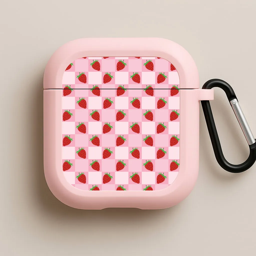 Checkered Strawberries Pattern AirPods Case Stylish Gadget Organizer