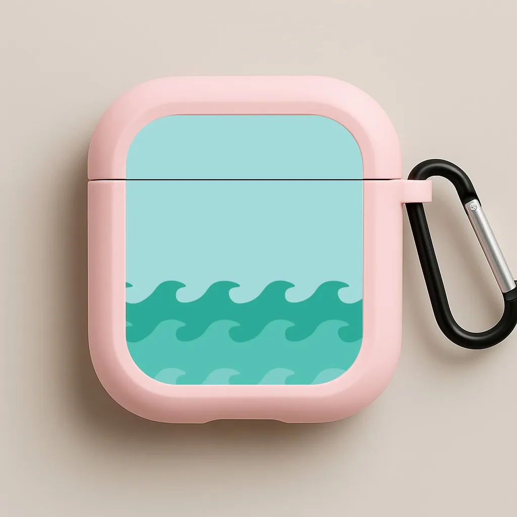 Travel Ready Organizer Soft Compact Grip Cyan Beach Waves Pattern AirPods Case