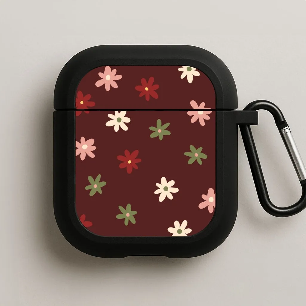 Modern Handy Case handcrafted leather airpods cover Dark Whimsical Flower Pattern AirPods Case