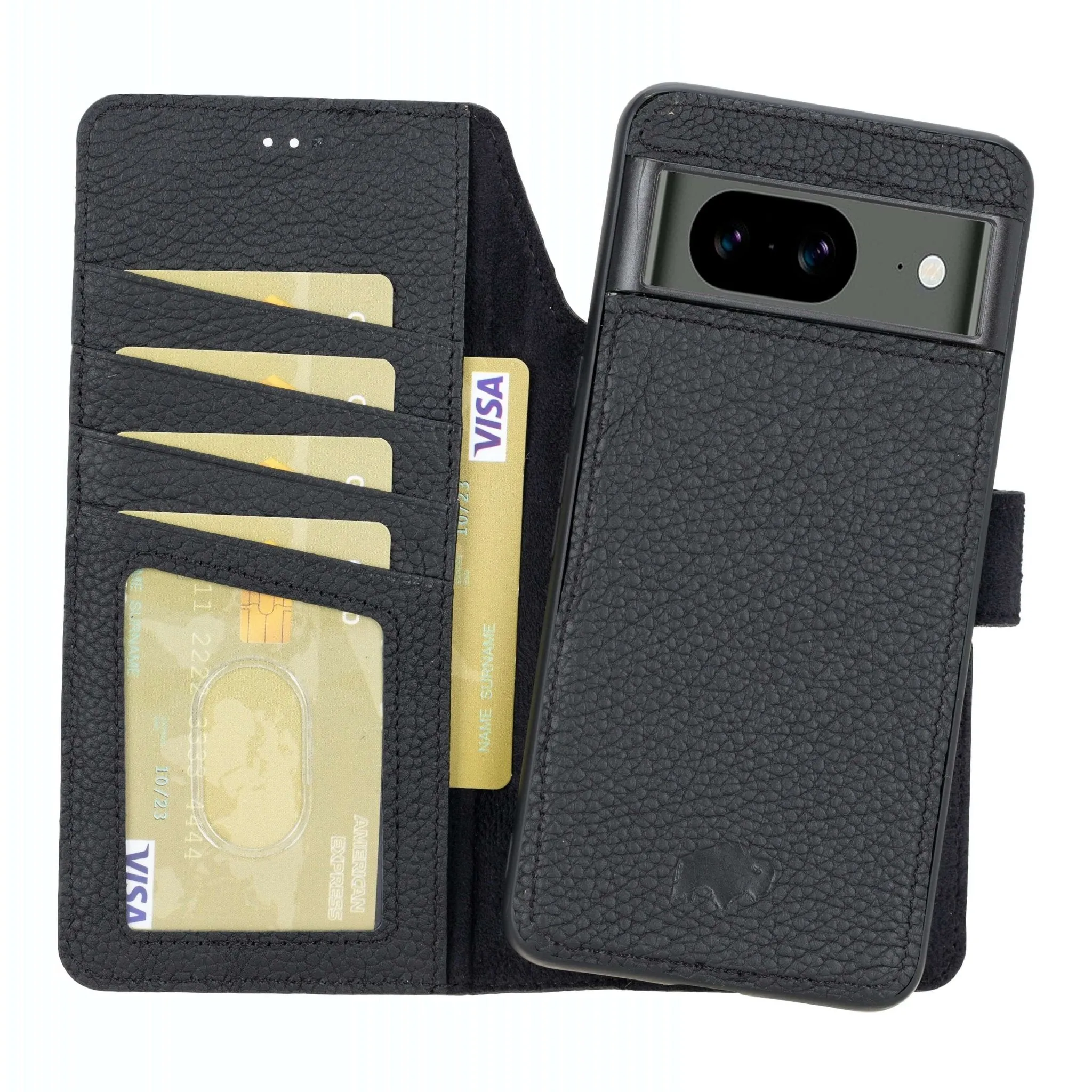 Carter Detachable Leather Wallet Case ?C Pixel 8, Pebble Black Smooth Pattern Finish Protective cover