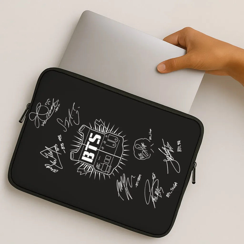 Black K-Pop Band Army Logo and Signatures Laptop Sleeve Smooth Feel Surface