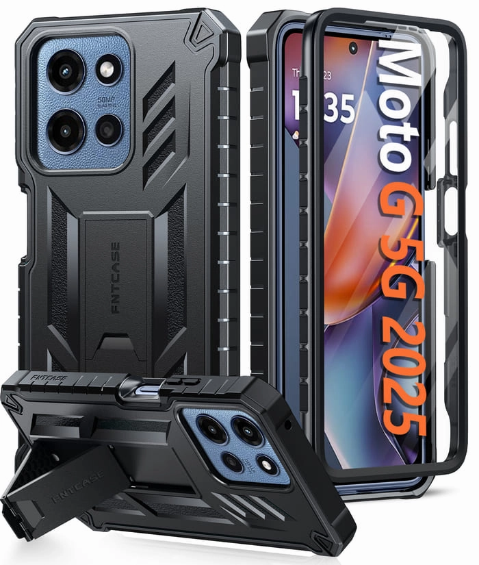 FNTCASE For Moto G 5G 2025 6.7 Inch Phone Case: Military Grade Shockproof with Built-in Screen Protector and Kickstand Modern Texture