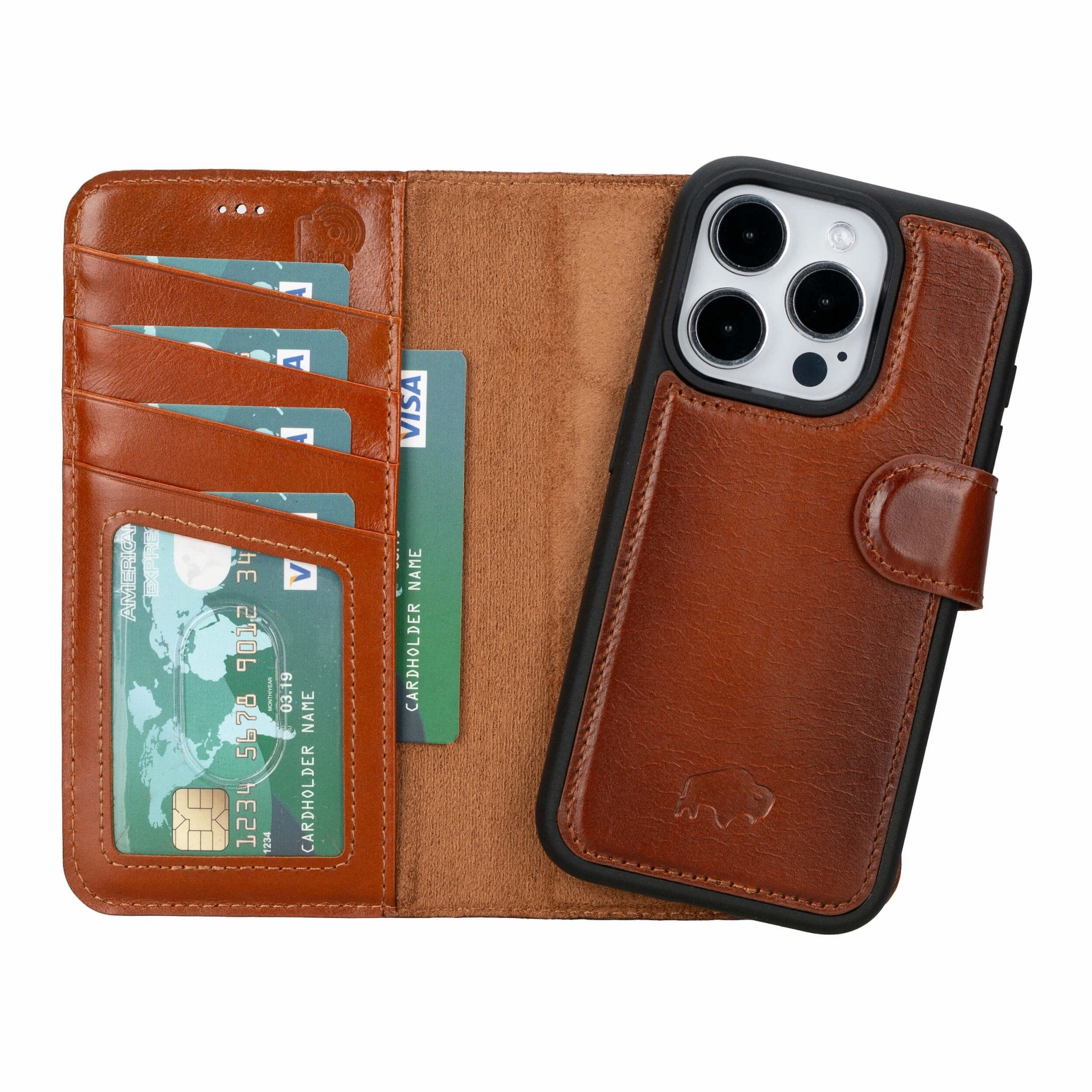 Carter Detachable Leather Wallet Case ?C iPhone 15 Pro, Burnished Tan Sporty Appeal Drop Shield