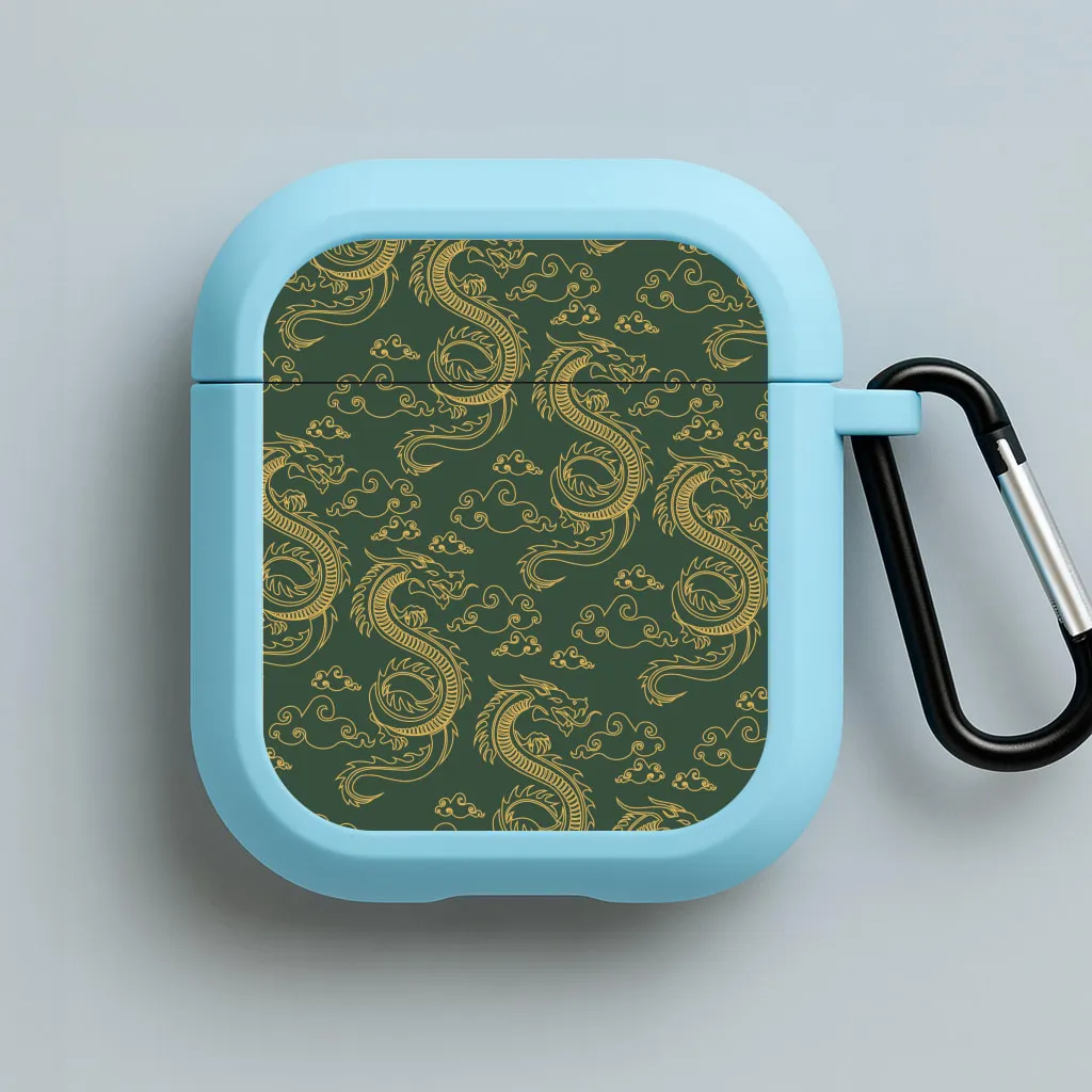 eco friendly silicone case Green And Gold Dragon Pattern AirPods Case