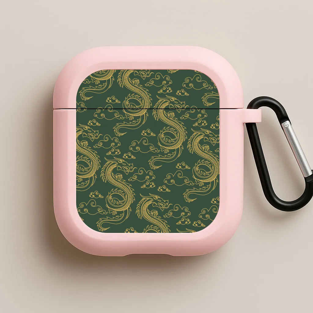 Green And Gold Dragon Pattern AirPods Case portable soft gradient travel protector Durable Grip Shell