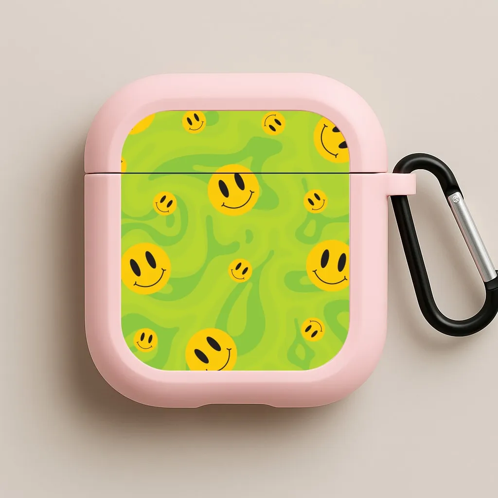 Green Wavey Smileys Pattern AirPods Case Fashion Travel Organizer