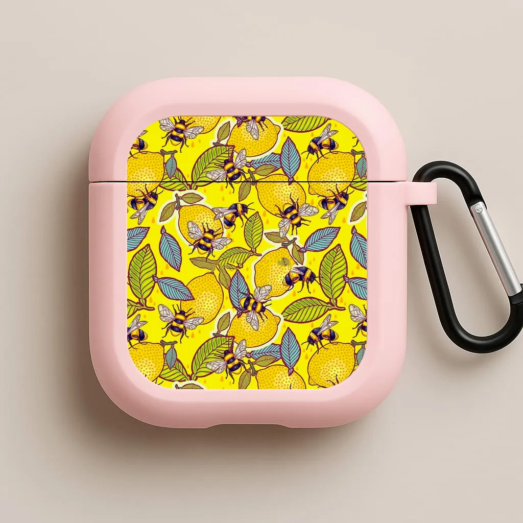Yellow Lemon and Bee AirPods Case Soft Silicone Grip Soft Travel Texture
