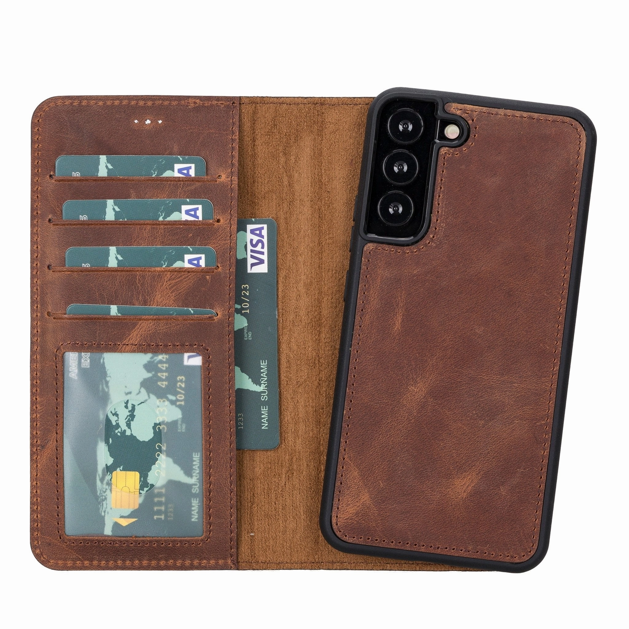 Carter Detachable Leather Wallet Case Galaxy S22, Saddle Brown Matte Coating Finish