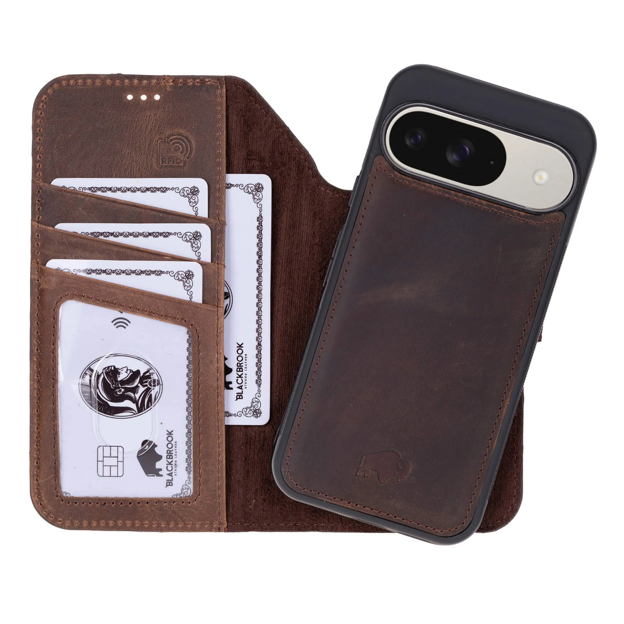 Carter Detachable Leather Wallet Case ?C Pixel 10, Distressed Coffee Protective Build Elegant Accent